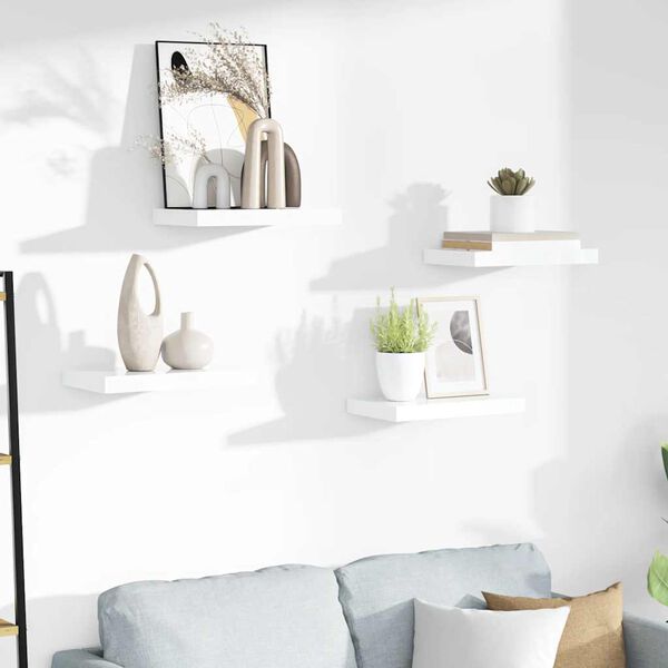 vidaXL P&oacute;łki ścienne, 4 szt., białe, wysoki połysk, 40x23x3,8 cm, MDF