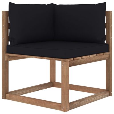 vidaXL Ogrodowa sofa narożna z palet, z czarnymi poduszkami