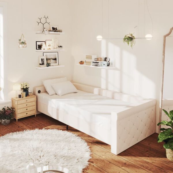 vidaXL Ł&oacute;żko dzienne z materacem i USB, kremowe, tkanina, 90x200 cm