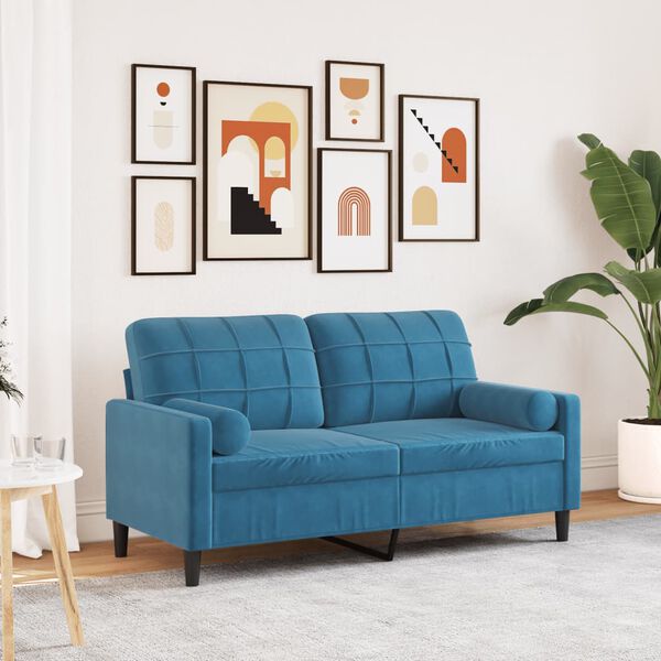 vidaXL 2-osobowa sofa z poduszkami, niebieska, 140 cm, aksamit