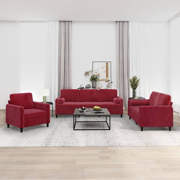 vidaXL 3-częściowy komplet wypoczynkowy z poduszkami, bordowy, aksamit