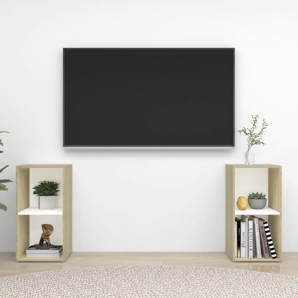 vidaXL Szafki TV, 2 szt., biel i dąb sonoma, 72x35x36,5 cm, płyta