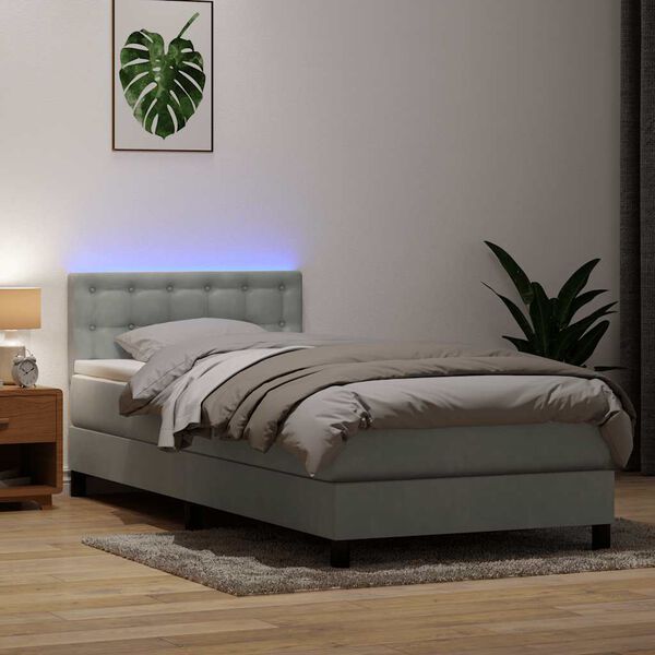 vidaXL Ł&oacute;żko kontynentalne z materacem i LED, jasnoszare, aksamit, 80x220 cm