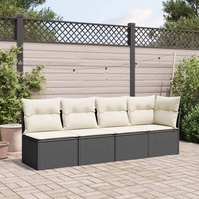 vidaXL Sofa ogrodowa z poduszkami, 4-osobowa, czarna, polirattan