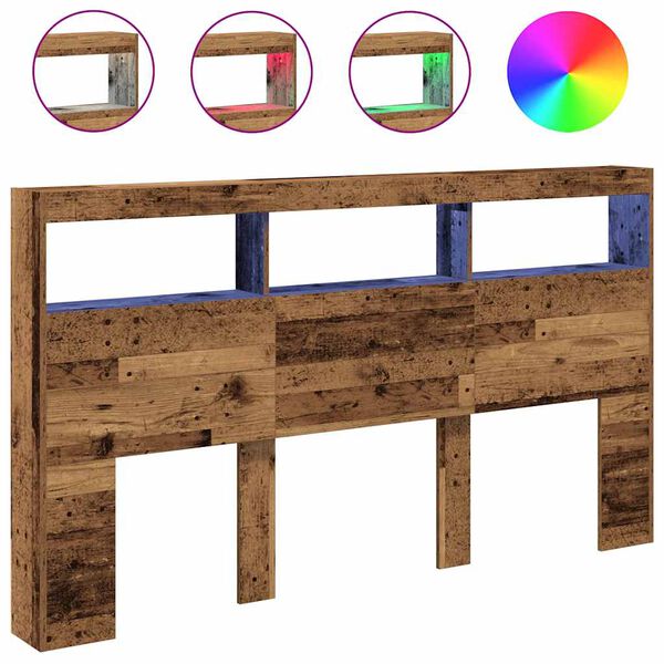 vidaXL Zagł&oacute;wek z p&oacute;łkami i LED, stare drewno, 180x17x102 cm
