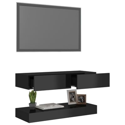 vidaXL Szafka TV z oświetleniem LED, wysoki połysk, czarna, 90x35 cm