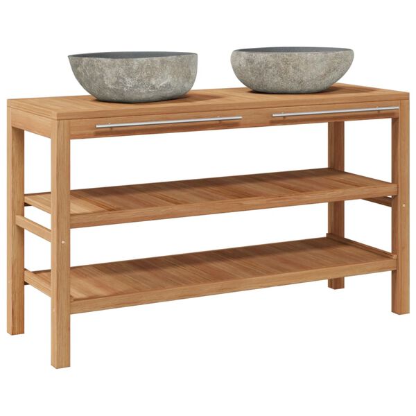 vidaXL Szafka łazienkowa z kamiennymi umywalkami, lite drewno tekowe