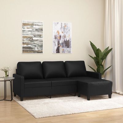 vidaXL 3-osobowa sofa z podnóżkiem, czarna, 180 cm, sztuczna skóra