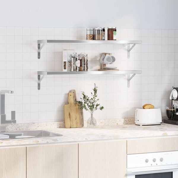 vidaXL P&oacute;łki ścienne, 2 szt., 100x23,5x3 cm, srebrna stal nierdzewna