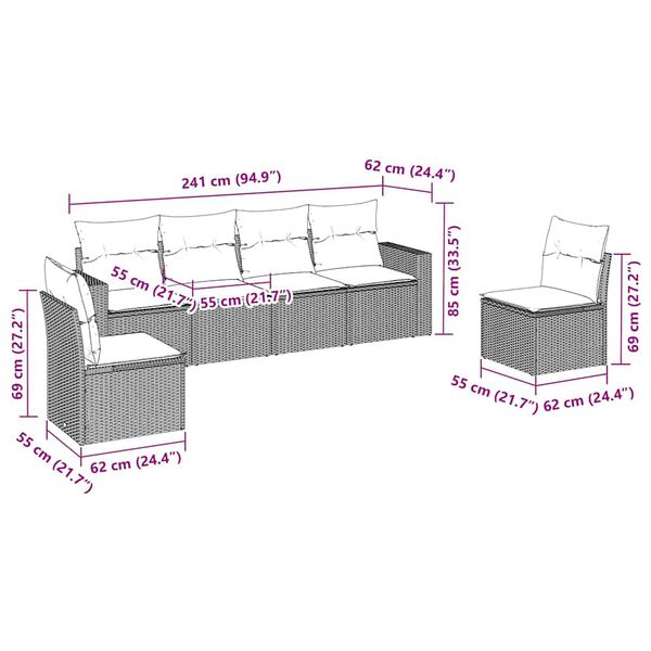 vidaXL 6-cz. zestaw mebli ogrodowych z poduszkami, czarny polirattan