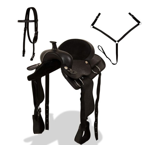 vidaXL Siodło westernowe, ogłowie i napierśnik, 17", sk&oacute;ra, czarne