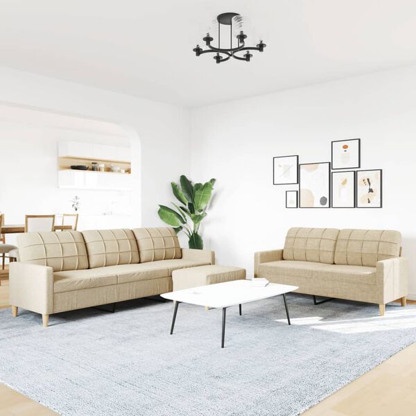 vidaXL 3-cz. zestaw sof z podnóżkiem, kremowy, obity tkaniną