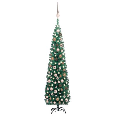 vidaXL Smukła sztuczna choinka z lampkami i bombkami, zielona, 180 cm