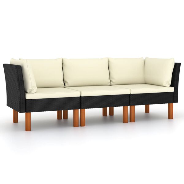 vidaXL 3-osobowa sofa ogrodowa z poduszkami, polirattan, czarna