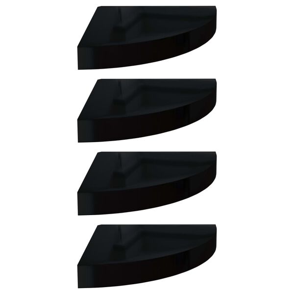 vidaXL Narożne półki ścienne, 4 szt., połysk, czarne, 25x25x3,8cm, MDF