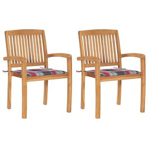 vidaXL Krzesła ogrodowe, 2 szt., z poduszkami w czerwoną kratę, tekowe