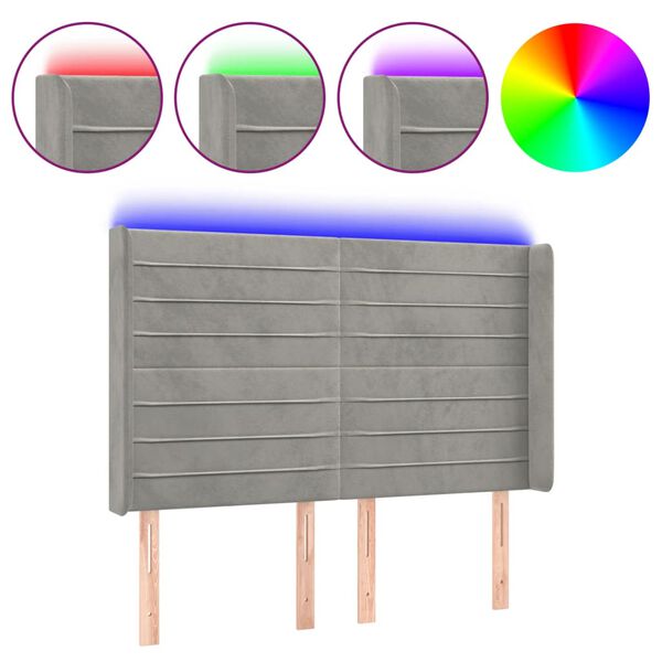 vidaXL Zagłówek do łóżka z LED, jasnoszary, 147x16x118/128 cm, aksamit