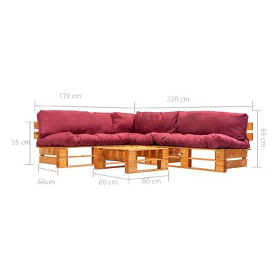 vidaXL 4-cz. zestaw ogrodowy, czerwone poduszki, palety z drewna