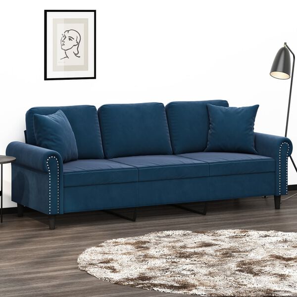 vidaXL 3-osobowa sofa z poduszkami, niebieska, 180 cm, aksamit