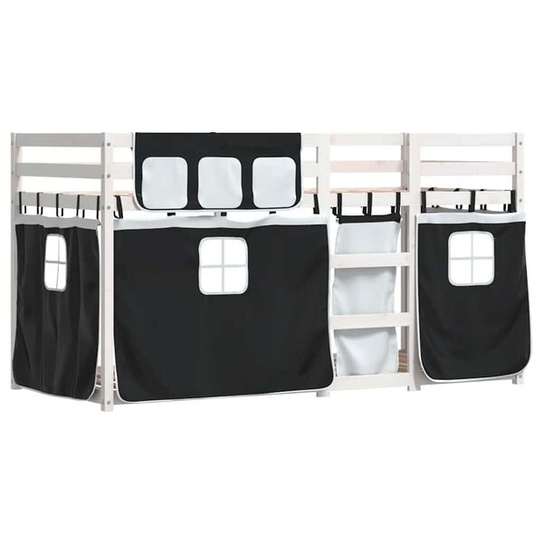 vidaXL Ł&oacute;żko piętrowe z zasłonkami, biało-czarne, 75x190 cm, sosnowe