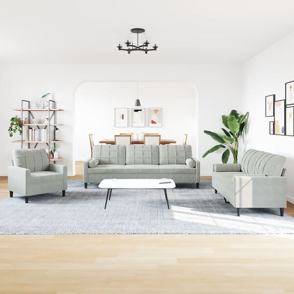 vidaXL 3-cz. wypoczynek, poduszki i wałki, jasnoszary, aksamit