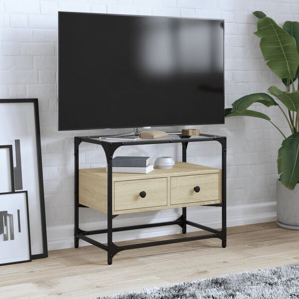 vidaXL Szafka pod TV ze szklanym blatem, dąb sonoma, 60x35x51 cm