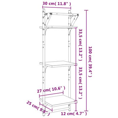 vidaXL 3-poziomowe półki ścienne z drążkami, 2 szt., 30x25x100 cm