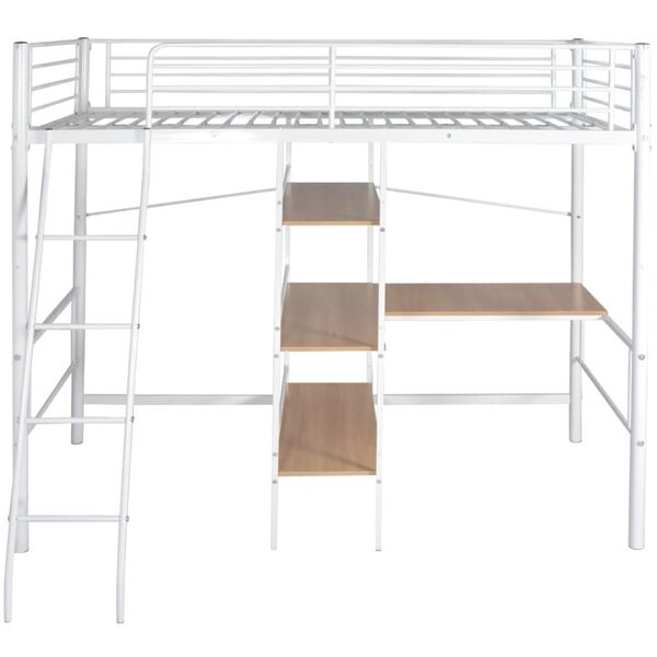 vidaXL Ł&oacute;żko wysokie z biurkiem, biało-brązowe, metalowe, 90x200 cm