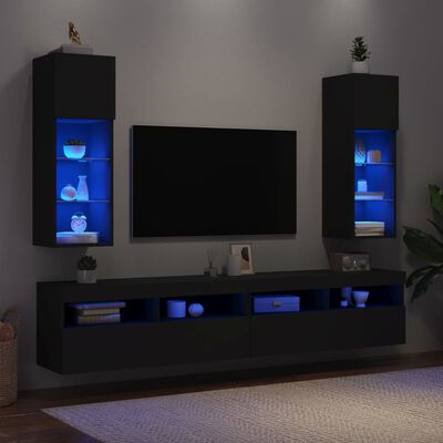 vidaXL Szafki TV, z LED, 2 szt., czarne, 30,5x30x90 cm