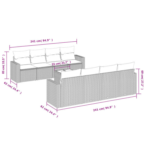 vidaXL 9-cz. zestaw mebli ogrodowych, poduszki, jasnoszary polirattan