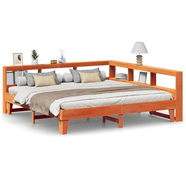 vidaXL Ł&oacute;żko z regałem, bez materaca, woskowy brąz, 200x200cm, sosnowe