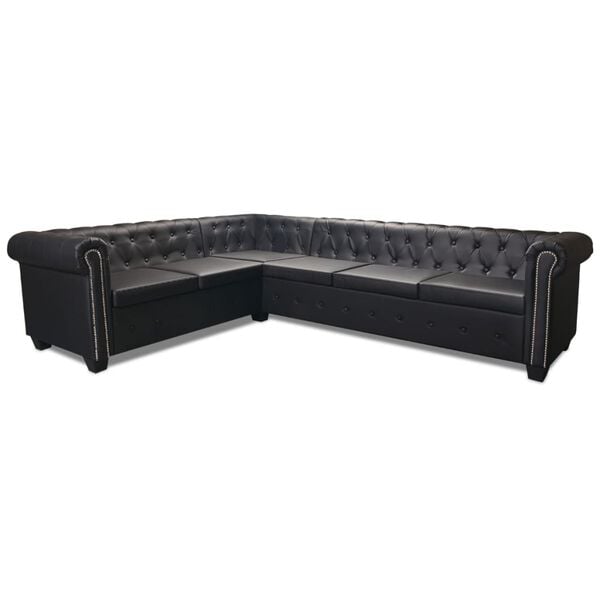 vidaXL Sofa rogowa Chesterfield sześcioosobowa czarna, sztuczna skóra