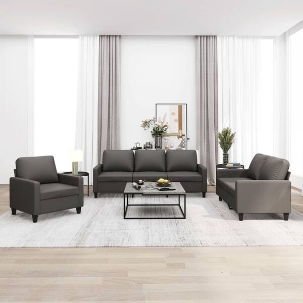 vidaXL 3-osobowa sofa z poduszkami, szara, sztuczna sk&oacute;ra