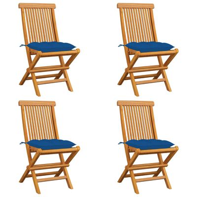 vidaXL Krzesła ogrodowe, niebieskie poduszki, 4 szt., drewno tekowe