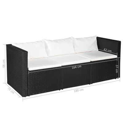 vidaXL 3-osobowa sofa ogrodowa, czarny polirattan z białymi poduszkami