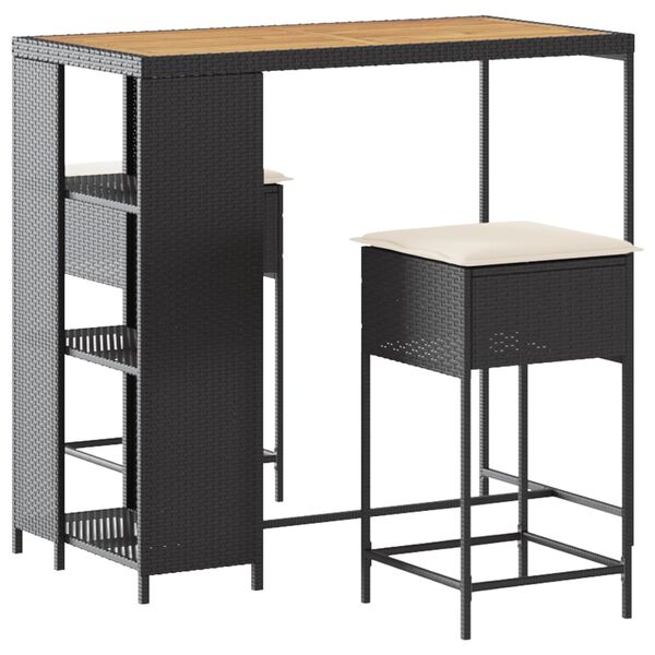 vidaXL 3-cz. zestaw mebli barowych z poduszkami, czarny polirattan