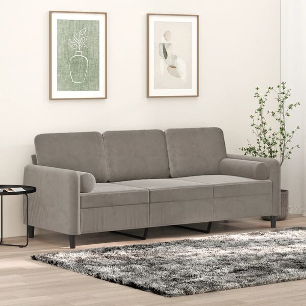 vidaXL 3-osobowa sofa z poduszkami, jasnoszara, 180 cm, aksamit