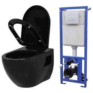 vidaXL Podwieszana toaleta ceramiczna ze spłuczką, czarna