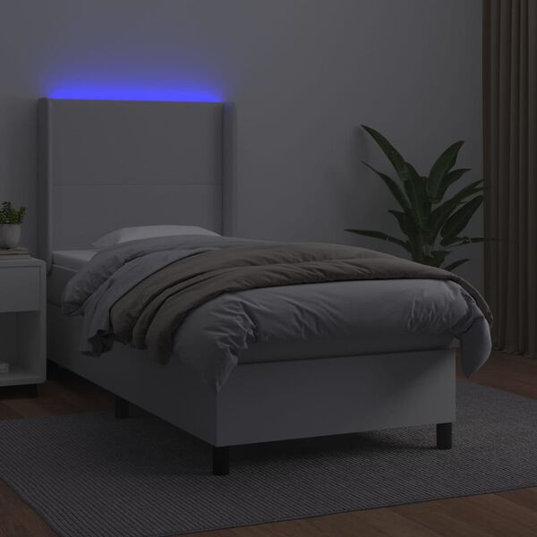 vidaXL Łóżko kontynentalne z materacem i LED, biała ekoskóra 100x200cm