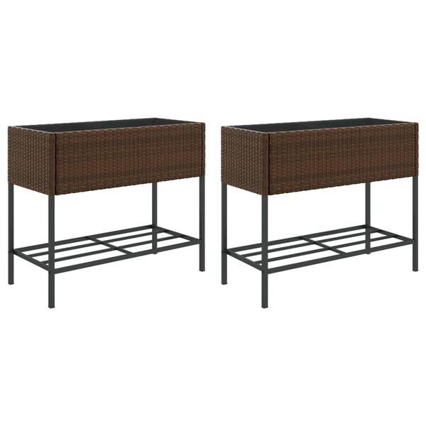 vidaXL Donice ogrodowe z p&oacute;łką, 2 szt., brąz, 90x40x75 cm, polirattan