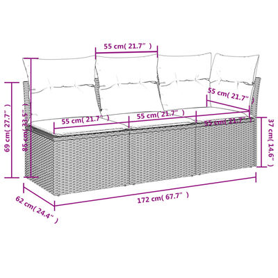 vidaXL Sofa ogrodowa z poduszkami, 3-osobowa, brązowa, polirattan