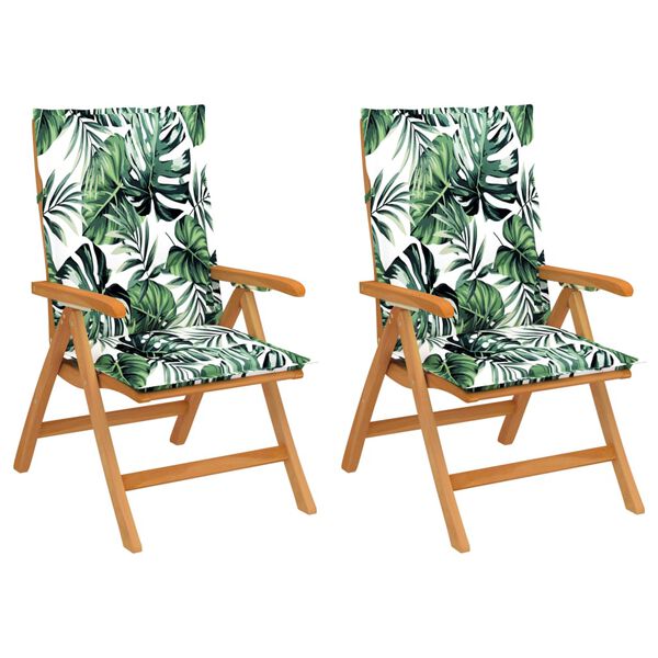 vidaXL Krzesła ogrodowe, 2 szt., z poduszkami w liście, drewno tekowe