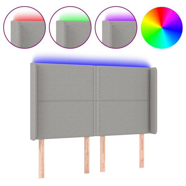 vidaXL Zagł&oacute;wek do ł&oacute;żka z LED, jasnoszary, 147x16x118/128 cm, tkanina