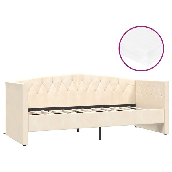 vidaXL Ł&oacute;żko dzienne z materacem i USB, kremowy aksamit, 90x200 cm