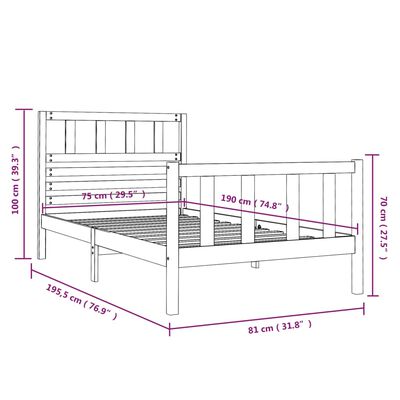 vidaXL Rama łóżka, szara, 75x190 cm, lite drewno