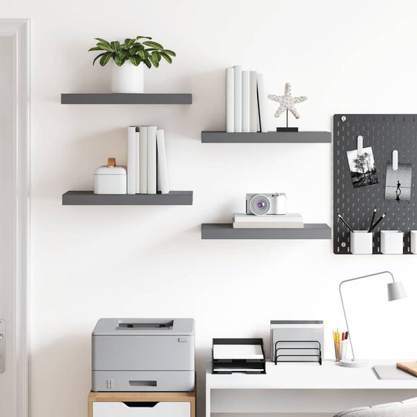 vidaXL P&oacute;łki ścienne, 4 szt., wysoki połysk, szare, 50x23x3,8 cm, MDF