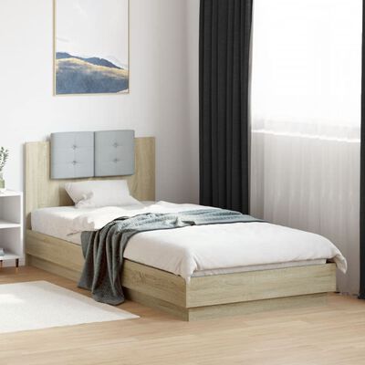 vidaXL Rama łóżka z wezgłowiem i LED, dąb sonoma, 90x200 cm