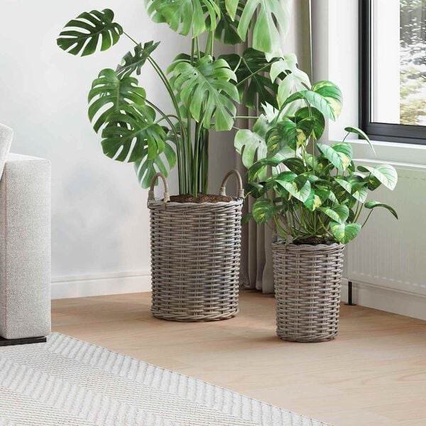 vidaXL Kosz na rośliny z przechowywaniem 2 pcs Szary Rattan Kubu
