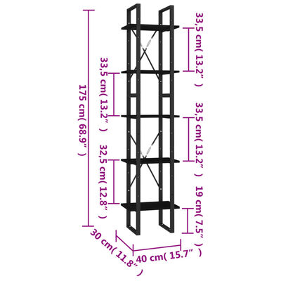 vidaXL 5-poziomowy regał na książki, czarny, 40x30x175 cm, sosnowy
