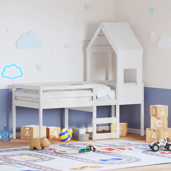 vidaXL Wysokie ł&oacute;żko z daszkiem, białe, 90x190 cm, lite drewno sosnowe